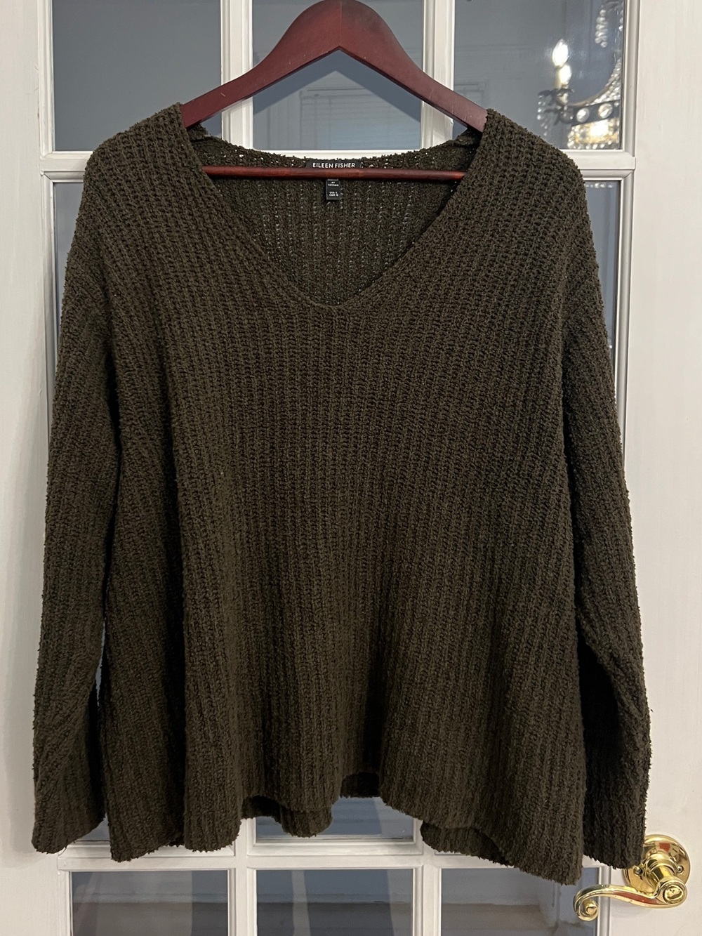 EILEEN FISHER Women’s Olive Green Organic Cotton Cashmere Bouclé V-Neck Sweater